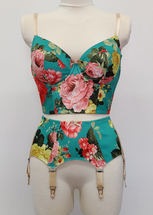 turquoise and pink floral long-line Rosie bra, shown with matching garter belt