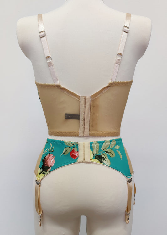 turquoise and pink floral long-line Rosie bra, shown with matching garter belt, back view
