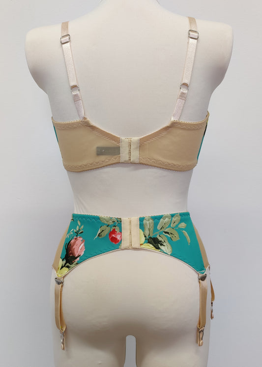 floral Rosie quarter cup bra, shown with matching garter belt, back view