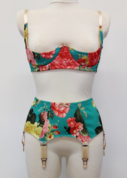 floral Rosie quarter cup bra, shown with matching garter belt