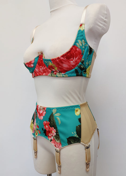 floral Rosie quarter cup bra, shown with matching garter belt