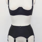 black, classic, retro style Greta garter belt with 6 straps, here shown with matching quarter cup bra