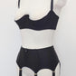 black, classic, retro style Greta garter belt with 6 straps, here shown with matching quarter cup bra, side view