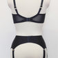 black, classic, retro style Greta garter belt with 6 straps, here shown with matching quarter cup bra, back view