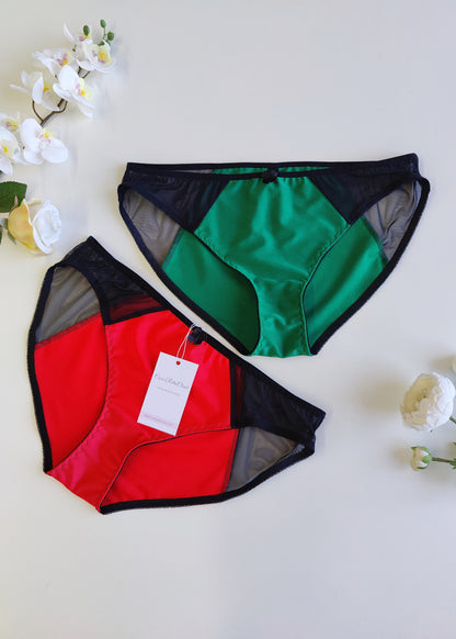 1x green and 1x red Mia bikini style panties with black sheer side panels