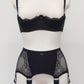 Black lace quarter cup Lucy bra, here shown with wide retro style Liliane garter belt 