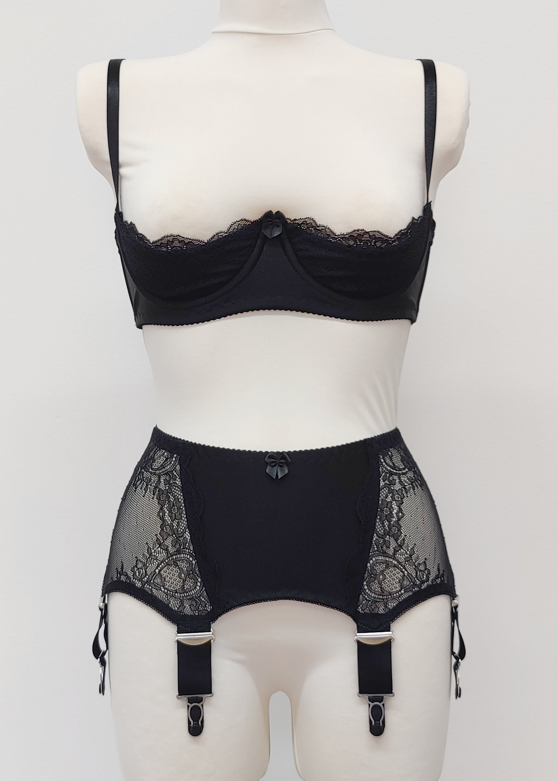 Black lace quarter cup Lucy bra, here shown with wide retro style Liliane garter belt 