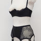 wide retro style Liliane garter belt with  6 extra wide straps and black lace side panels, here shown with matching quarter cup Lucy bra, side view