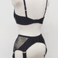wide retro style Liliane garter belt with  6 extra wide straps and black lace side panels, here shown with matching Lucy bra, back view