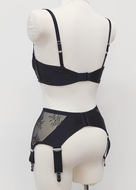 wide retro style Liliane garter belt with  6 extra wide straps and black lace side panels, here shown with matching Lucy bra, back view