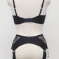 wide retro style Liliane garter belt with  6 extra wide straps and black lace side panels, here shown with matching Lucy bra, back view