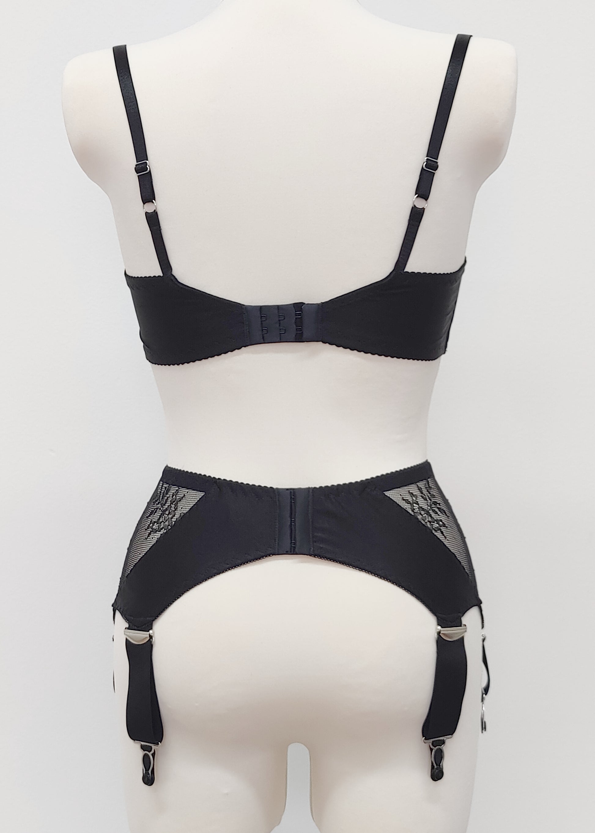 wide retro style Liliane garter belt with  6 extra wide straps and black lace side panels, here shown with matching Lucy bra, back view