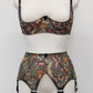 olive green floral mesh Ella quarter cup bra, underwired, here in combination with matching wide Thelma suspender belt