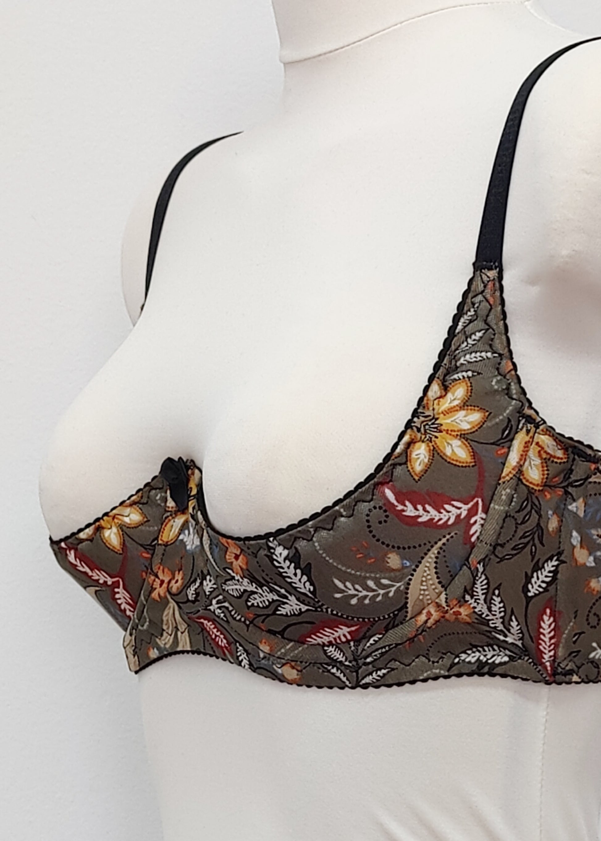 olive green floral mesh Ella quarter cup bra, underwired