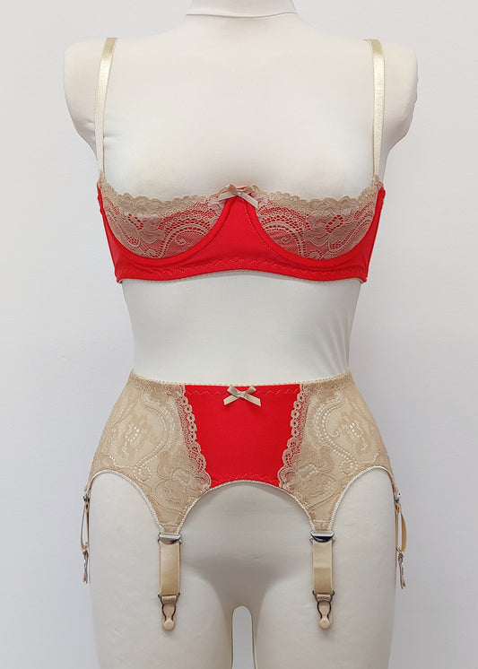 Red with Beige lace 6 strap retro style Mona garter belt with side lace panels, shown with matching Lucy quarter cup bra