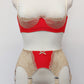 Red quarter cup Lucy bra with beige lace, straps and trims, here shown with matching retro style Mona garter belt 