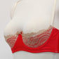 Red quarter cup Lucy bra with beige lace, straps and trims, side view