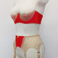 Red with Beige lace 6 strap retro style Mona garter belt with side lace panels, shown with matching Lucy quarter cup bra, side view