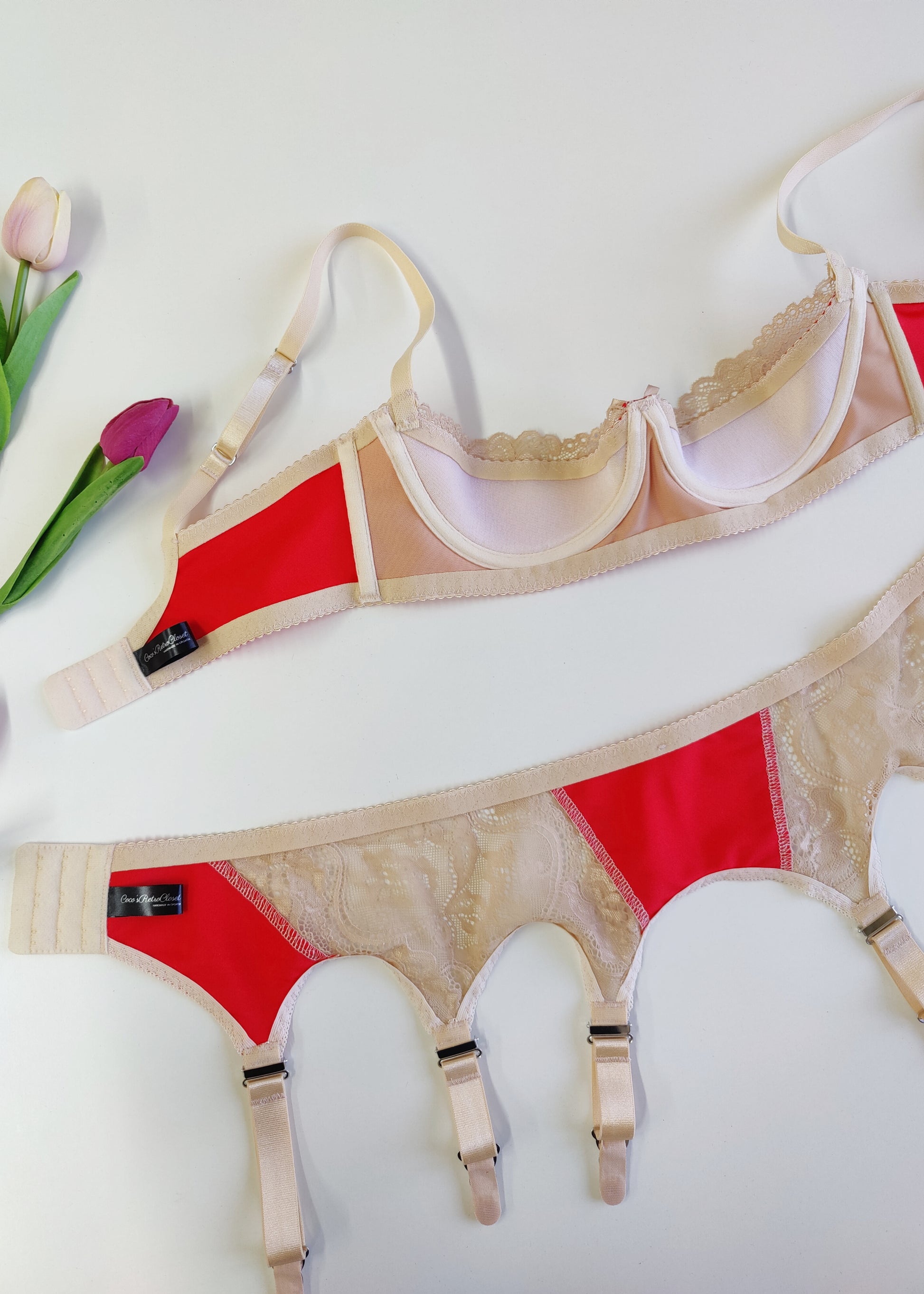 Red with Beige lace 6 strap retro style Mona garter belt with side lace panels and matching Lucy quarter cup bra, shown from the inside