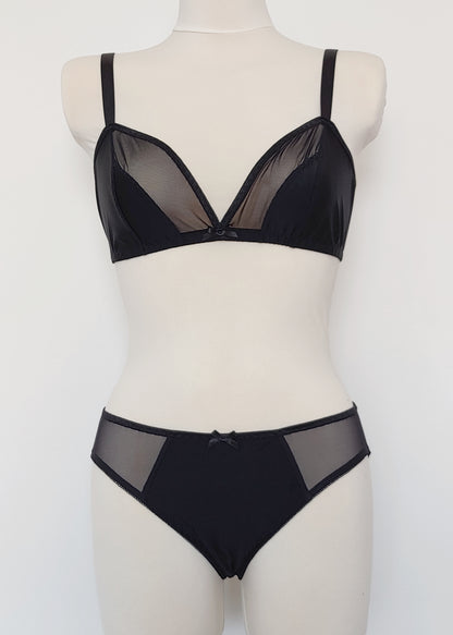 Black Mia panties with sheer side panels, here shown with matching bralette