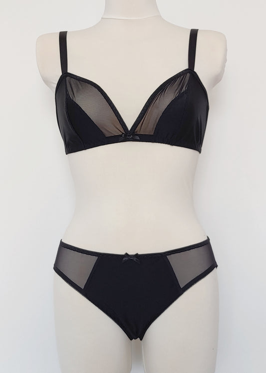 Black Mia panties with sheer side panels, here shown with matching bralette
