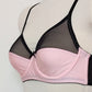 pink Audrey bra with black sheer upper part of the cup