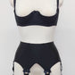 Black Iris garter belt with 6 extra wide straps and with larger bows on the front straps, shown here with matching quarter cup Gina bra