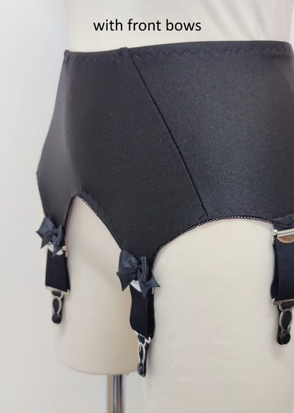 Black Iris garter belt with 6 extra wide straps and with larger bows on the front straps, detail