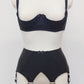 Black Iris garter belt with 6 extra wide straps, shown here with matching quarter cup Gina bra
