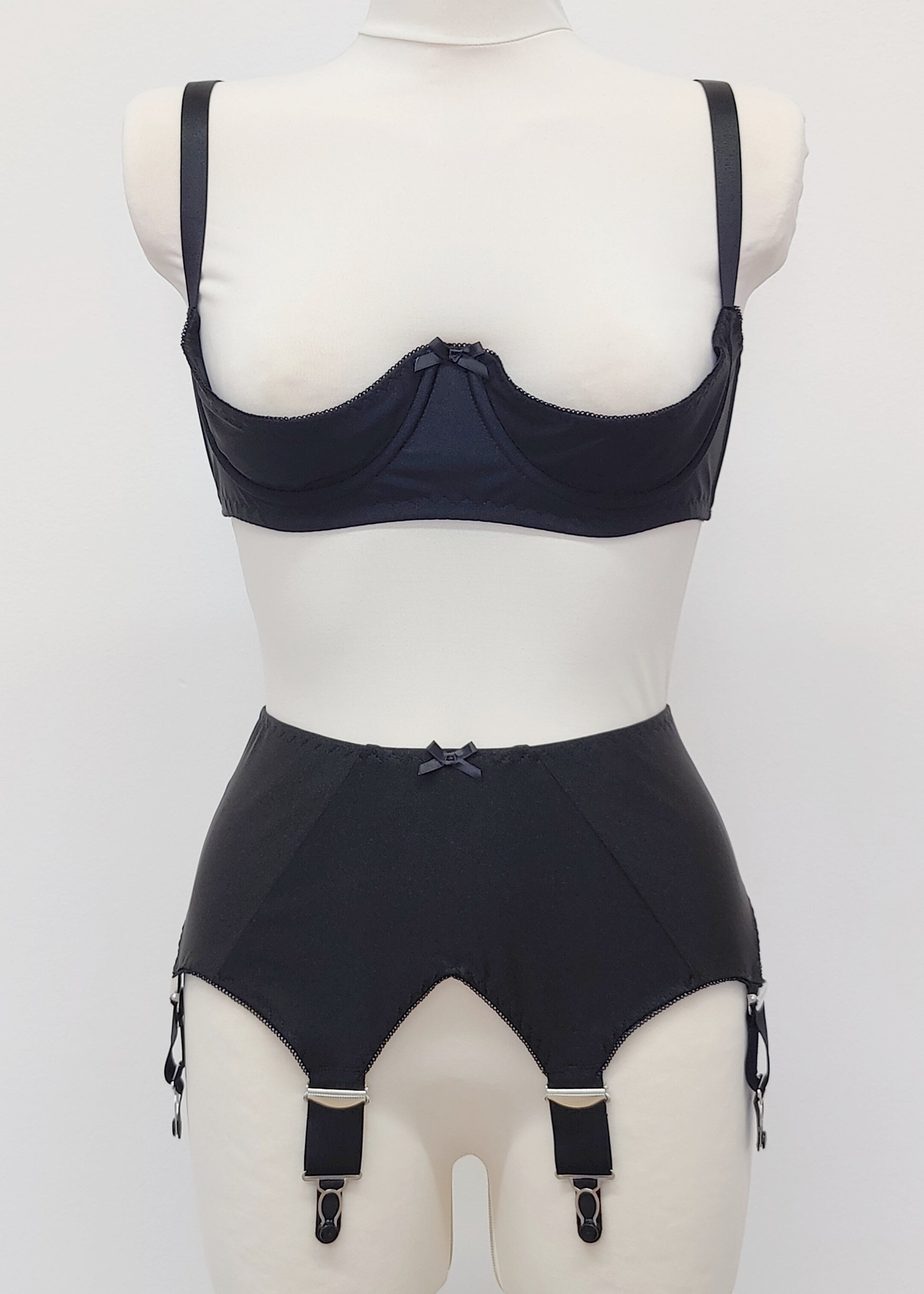 Black Iris garter belt with 6 extra wide straps, shown here with matching quarter cup Gina bra