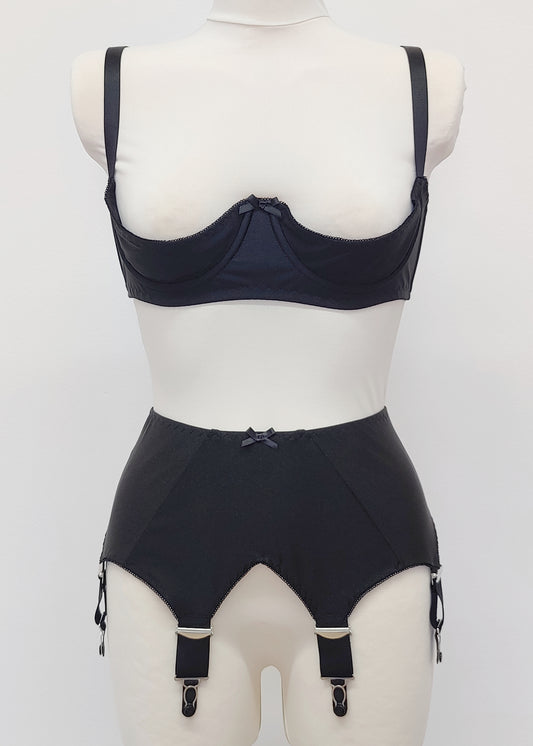 Black Iris garter belt with 6 extra wide straps, shown here with matching quarter cup Gina bra