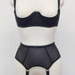 black sheer 4 strap Lula garter belt, shown with matching quarter cup Gina bra