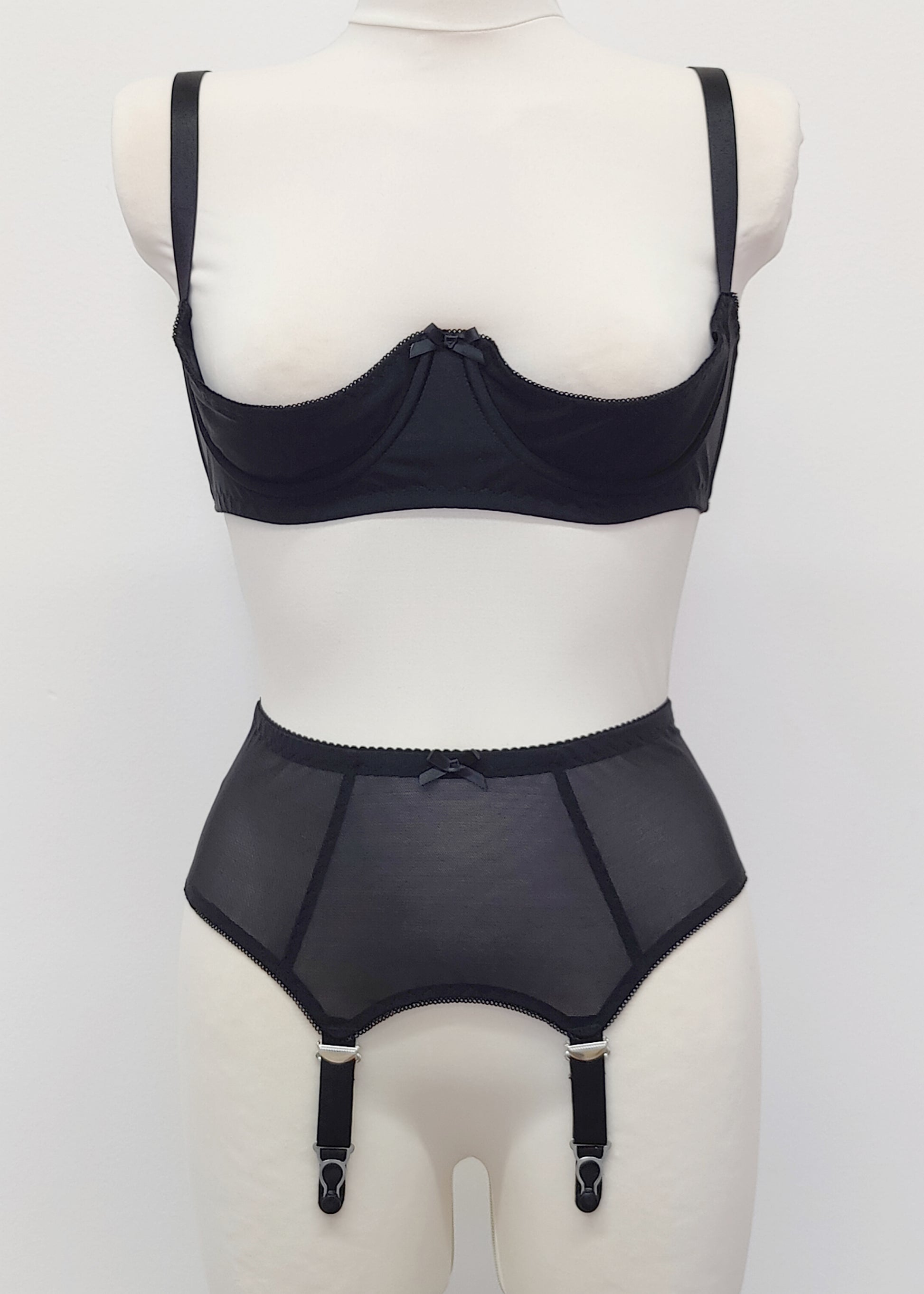 black sheer 4 strap Lula garter belt, shown with matching quarter cup Gina bra