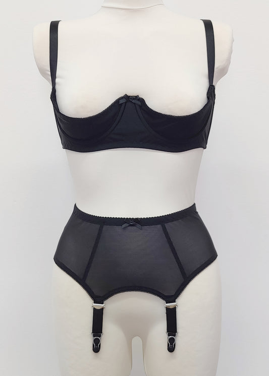 black sheer 4 strap Lula garter belt, shown with matching quarter cup Gina bra