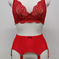 red retro style Greta garter belt with 6 straps, here shown with red bralette