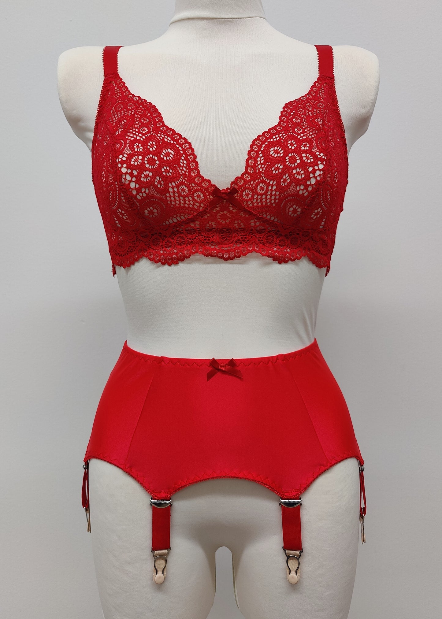 red retro style Greta garter belt with 6 straps, here shown with red bralette