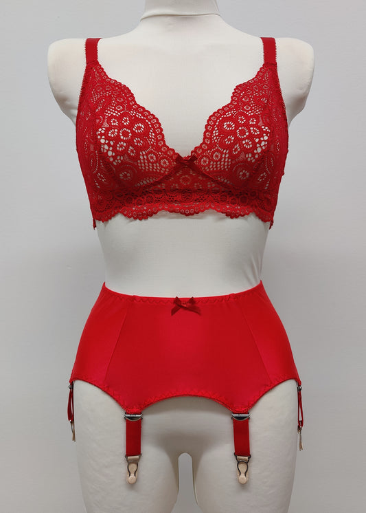 red retro style Greta garter belt with 6 straps, here shown with red bralette