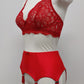 red retro style Greta garter belt with 6 straps, here shown with red bralette