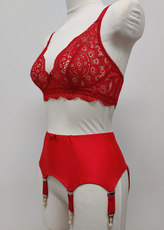 red retro style Greta garter belt with 6 straps, here shown with red bralette