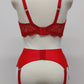 red retro style Greta garter belt with 6 straps, here shown with red bralette, back view