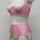 pink retro style garter belt with 6 double straps, here shown with matching Lucrezia bra, side view