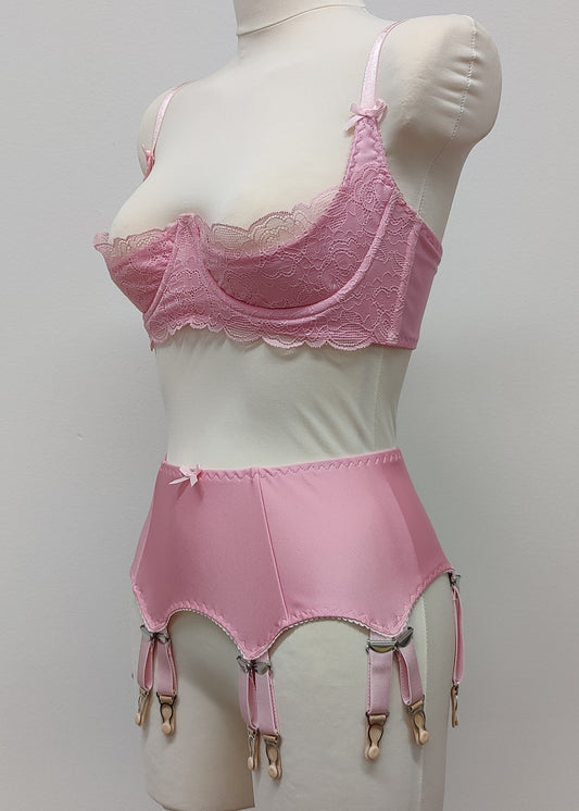 pink retro style garter belt with 6 double straps, here shown with matching Lucrezia bra, side view