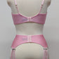 pink retro style garter belt with 6 double straps, here shown with matching Lucrezia bra, back view