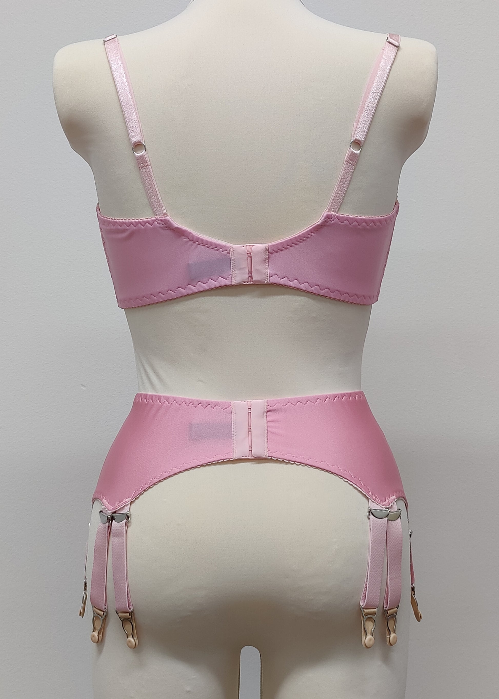 pink retro style garter belt with 6 double straps, here shown with matching Lucrezia bra, back view