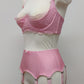 Pink classic Greta garter belt, retro 60's style with 8 adjustable straps and hook and eye closure at the back. Shown with matching  Lucrezia quarter cup bra.