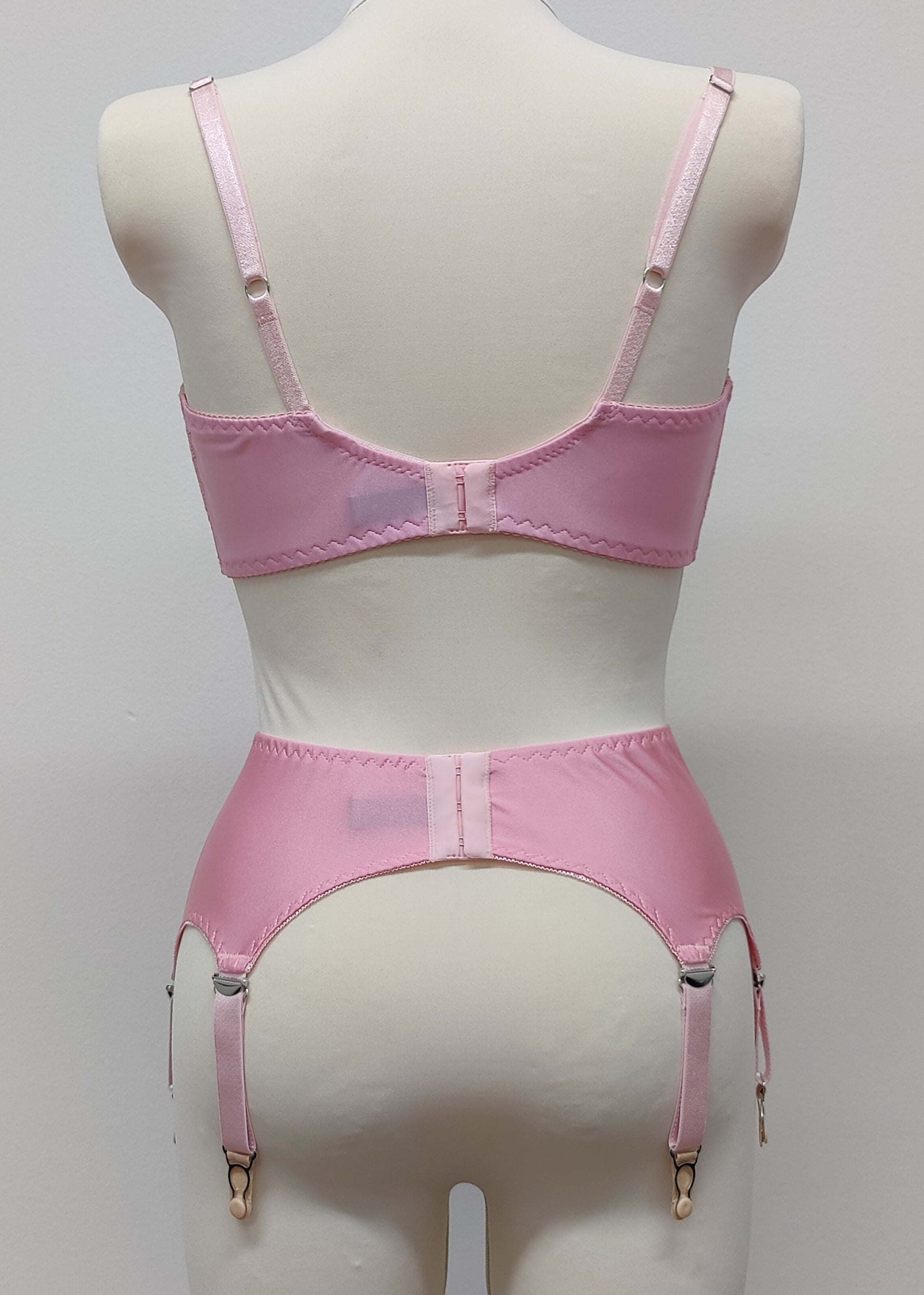 Pink narrow Nina garter belt, 60's style with 6 adjustable straps and hook and eye closure at the back. Shown with matching  bra. back view