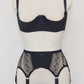 Black Mona garter belt with black lace side panels and 6 adjustable straps, here shown with Gina quarter cup