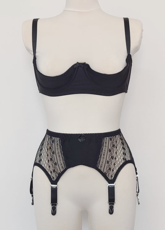 Black Mona garter belt with black lace side panels and 6 adjustable straps, here shown with Gina quarter cup
