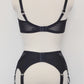 Black Mona garter belt with black lace side panels and 6 adjustable straps, here shown with Gina quarter cup, back view