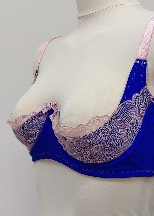 Quarter cup Lucy bra, here shown in blue with pink lace, straps and trims